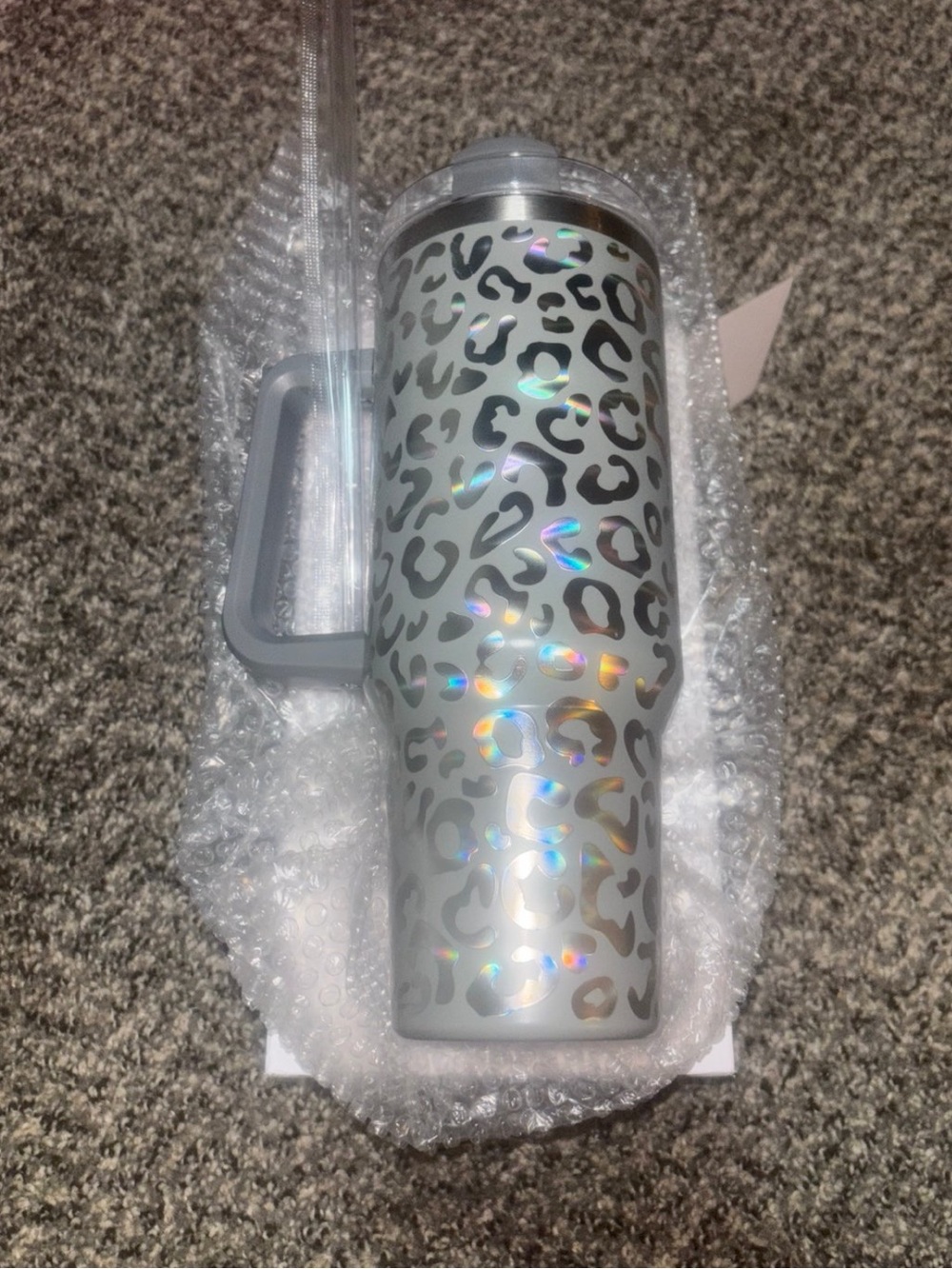 40oz Leopard Pattern Stainless Travel Tumbler with Handle and Straw - Gray